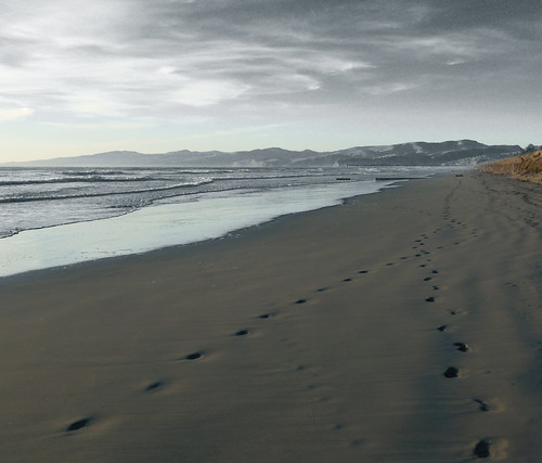 ocean winter sea newzealand christchurch sky cloud brown beach water sand waves crossing pacific dunes footprints canterbury nz southisland footsteps wandering muted newbrighton porthills northnewbrighton