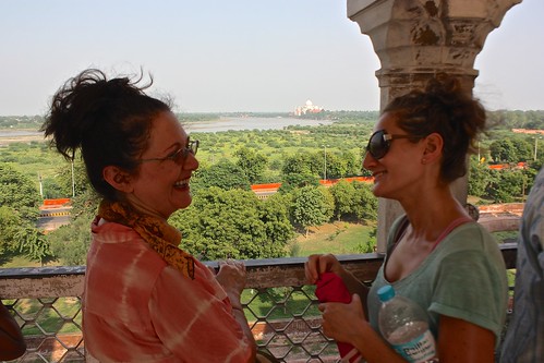 Lina and Olga in Agra Fort, Taj Mahal in the distance
