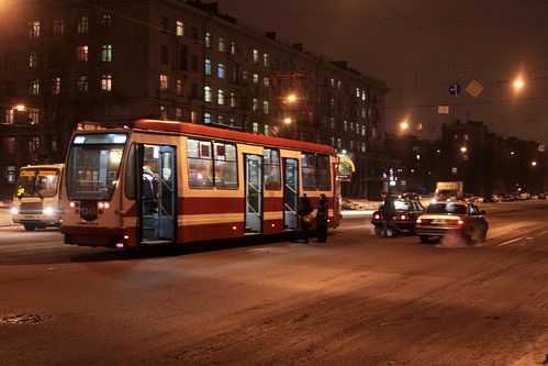 Dropping off tram passengers in the middle of a bust Saint Petersburg street