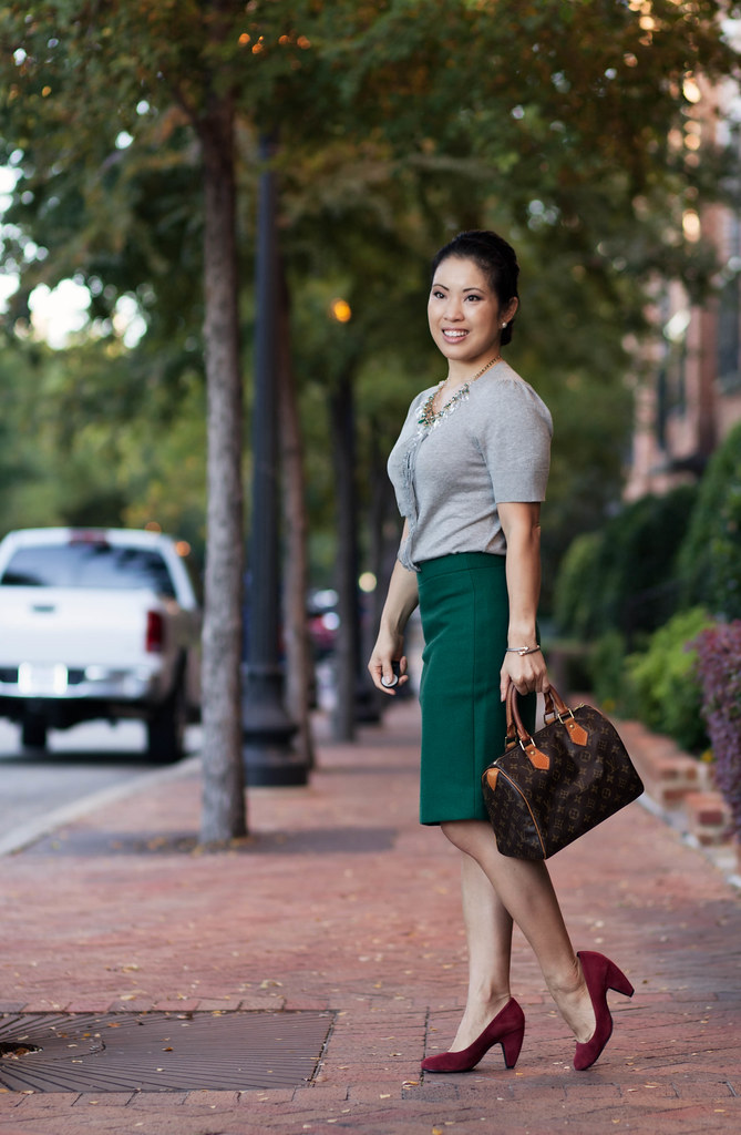 cute & little blog | silver sequin top, green pencil skirt, red pumps, lv speedy 25, outfit #ootd, petite fashion