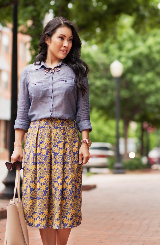 cute & little blog | petite fashion | chambray shirt, white plum donna flower skirt, gold pumps, oasap statement necklace | spring outfit