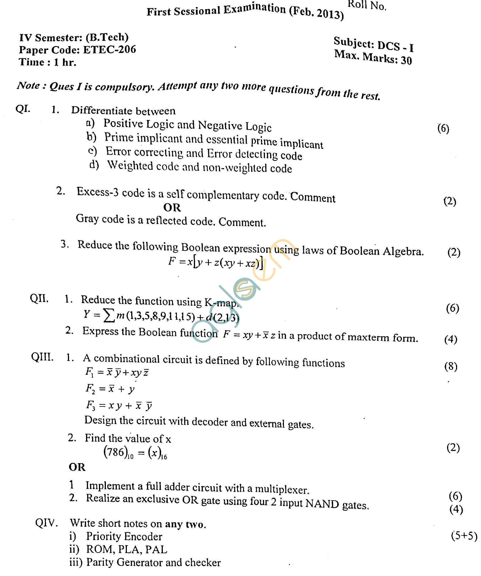 GGSIPU Question Papers Fourth Semester – First Term 2013 – ETEC-206