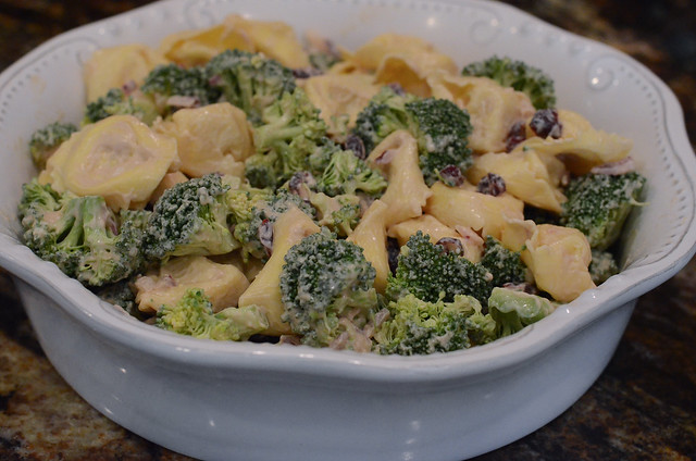 A bowl of Tortellini Broccoli Salad.