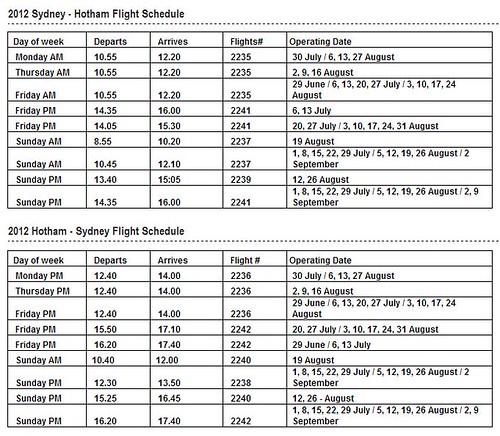 2012 QantasLink schedule for Mount Hotham Airport
