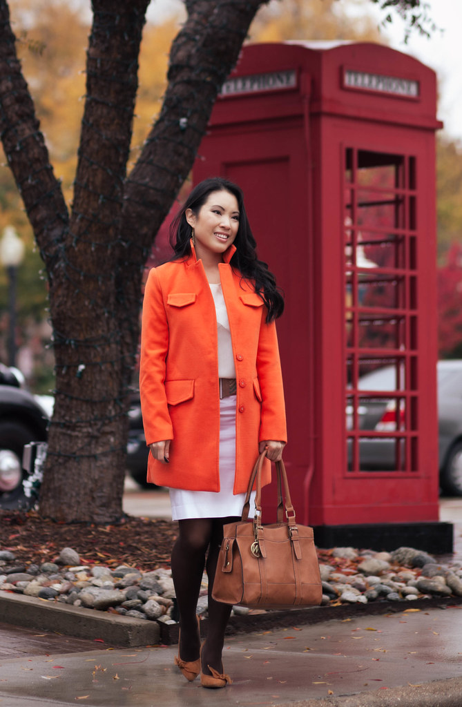 cute & little blog | sheinside orange coat, monochromatic winter white outfit, sole society elisa pumps, obocreations earrings