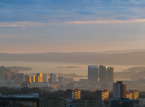 city blue sunset sea sky water oslo fog clouds evening day view skyscrapers fjord tallbuildings