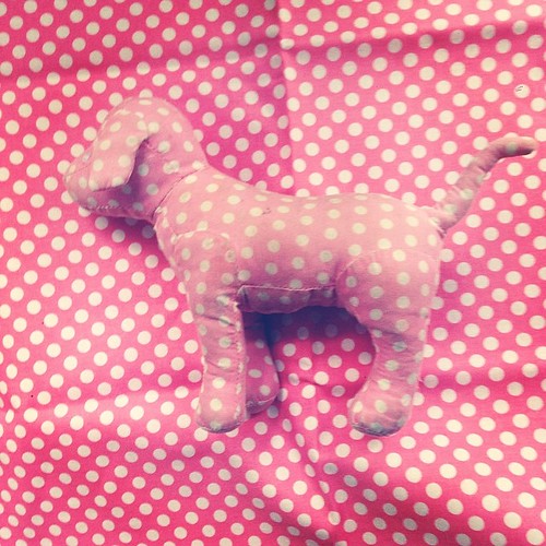 So this is Dog. Dog is Piper's favorite toy. We live in constant fear of Dog getting lost, so Mama had the bright idea to get some pink spotty fabric. Another (not the right color) Dog is on its way from eBay to become the pattern, and then we will all re
