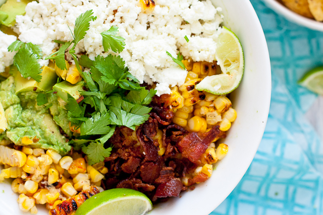 Guacamole with Goat Cheese, Grilled Mexican Corn, and Bacon