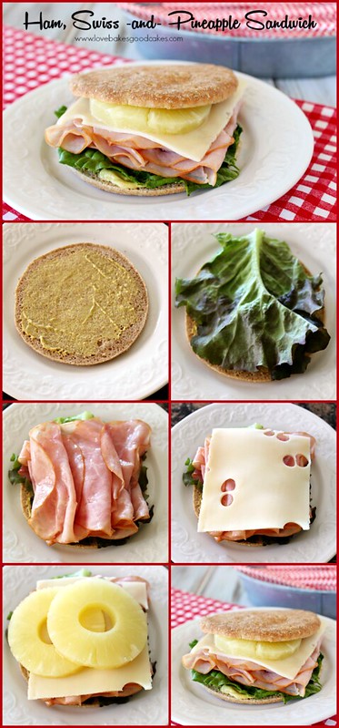 Ham Swiss & Pineapple Sandwich collage showing how a sandwich is constructed.