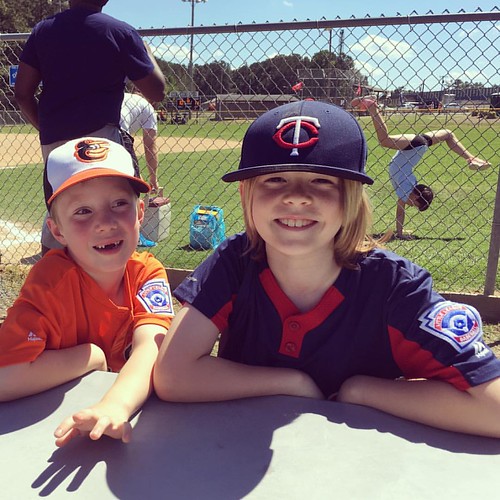Baseball bros extra happy after big bro's dramatic comeback win--scored 7 runs in the bottom of the 6th! T led off w/a single & scored the first run. Super special that Aunt Ash got to see it too. Go Twins! (Bonus: acrobatic photobomb!)