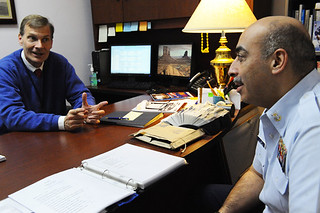 Master Chief Michael Aviles meets with Dr. William Theisen about Aviles’ Purple Heart Project. U.S. Coast Guard photo by PA3 Nate Littlejohn