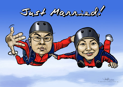 digital couple caricatures sky diving