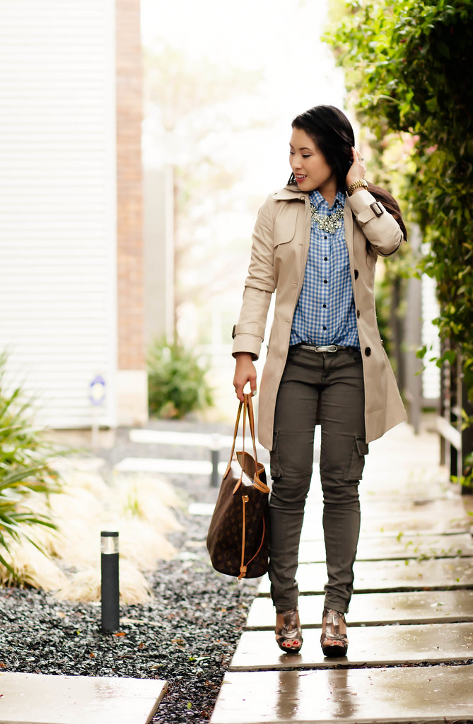 cute & little blog | petite fashion | spring casual classics outfit | khaki trench, gingham shirt, olive skinny cargo pants, crystal statement necklace, louis vuitton neverfull mm