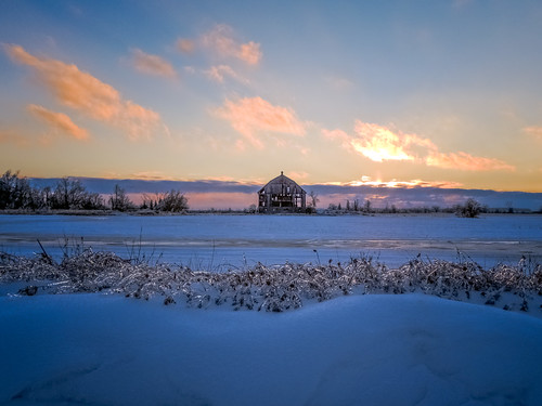 winter sunset cold ice barn
