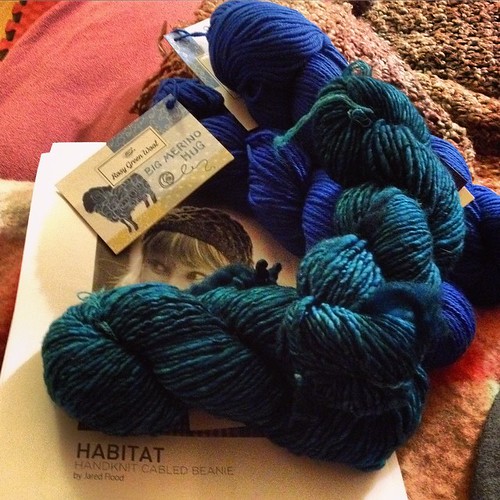 The haul from Warn and Fuzzy LYS--Habitat hat pattern by Jared Flood, 2 skeins worsted in TARDIS blue, 2 skeins Mmmmalabrigo for Habitst(s ).