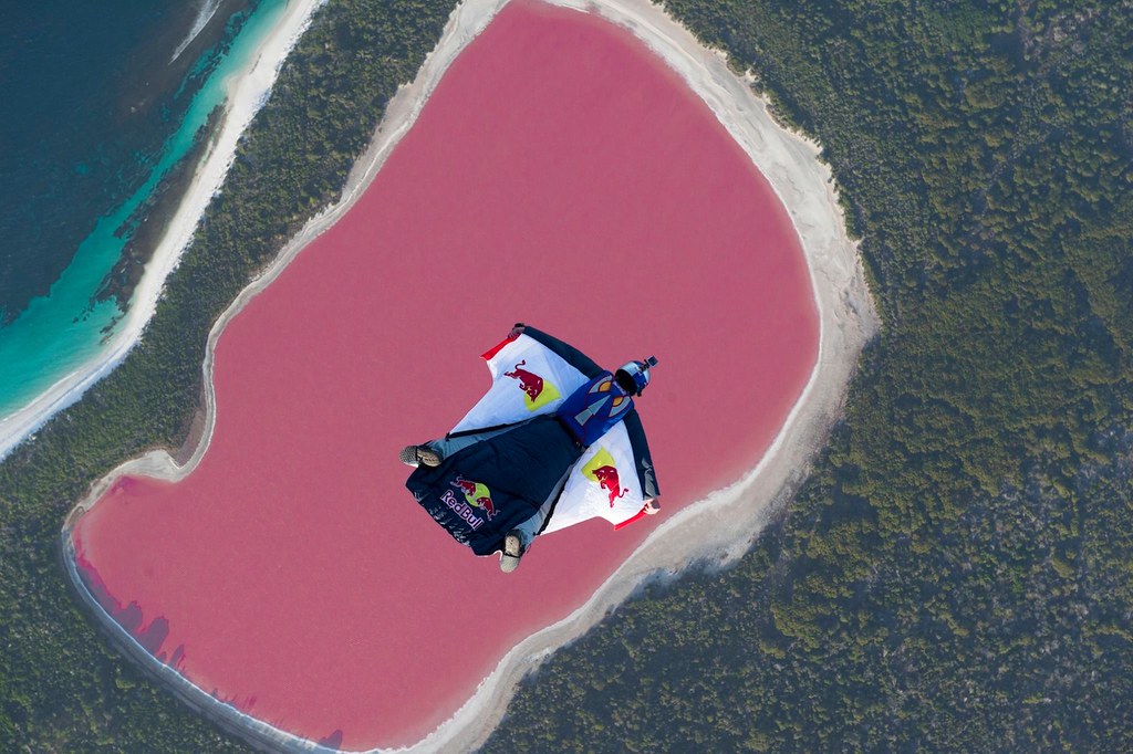 This Red Bull athlete is the first person to skydive over Western Australia's bubblegum-pink Lake Hillier... amazing!