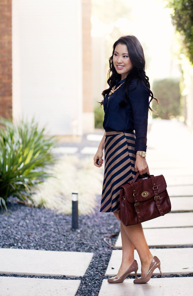 navy button down, ann taylor chevron regents striped skirt, oasap teardrop necklace, chocolate patent leather pumps, brown leather satchel outfit #ootd