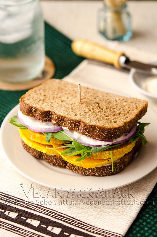 A flavorful and easy Garlicky Butternut Squash Sandwich made with vegan garlic mayo, arugula and toasted bread!