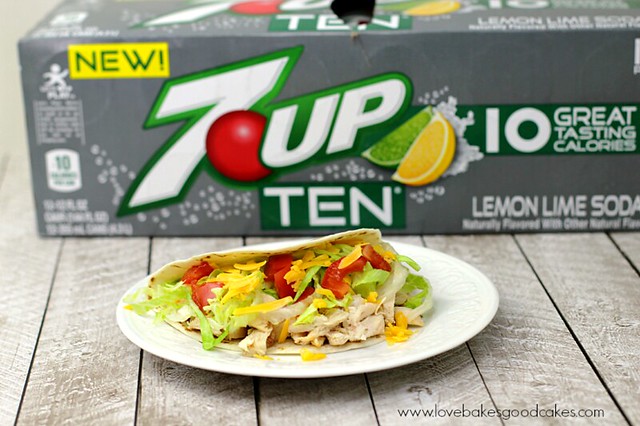 Baja Citrus Chicken tacos on a plate with a 7 up Ten lemon lime box in the back ground.