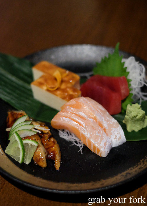 BBQ eel, tamago and sashimi tuna and salmon belly at Kiyomi by Chase Kojima at Jupiters Gold Coast