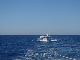The crew of the Coast Guard Cutter Alligator, home-ported in St. Petersburg, Fla., tows two vessels in tandem, 98 miles northwest of Tampa Bay, Fla., Wednesday, Feb. 11, 2015. The 45-foot commercial fishing vessel, the Christie Sea, was towing another fishing vessel, the Shamrock, when it became disabled. (U.S. Coast Guard photo)