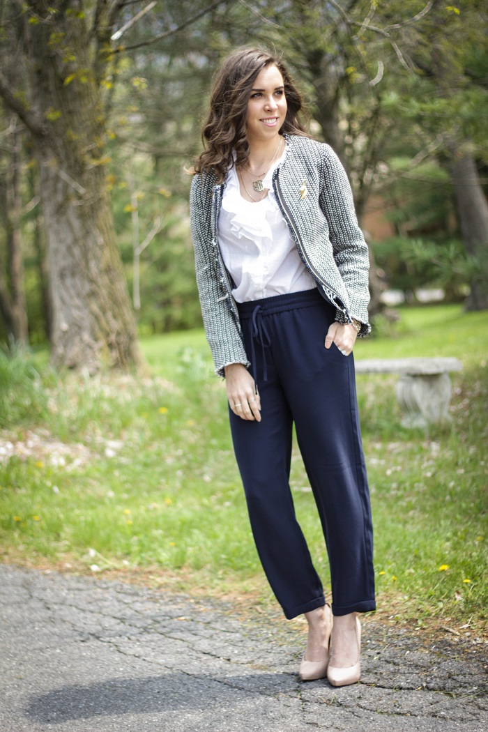 virginia blogger. style blogger. dc blogger.  fashion blogger. va darling. tweed gap jacket. jogger loose jcrew trouser pants. nude pumps. brooch. chic office style