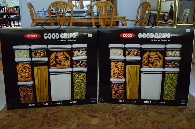 Boxes of OXO Good Grips containers.