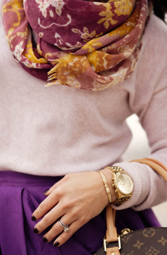 cute & little blog | floral scarf, pink sweater, chicwish full purple midi skirt, louis vuitton ellipse | spring colors outfit