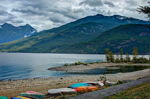 lake mountains water clouds boats canoes hdr kootenaylake selkirkmountains selkirks selkirkloop