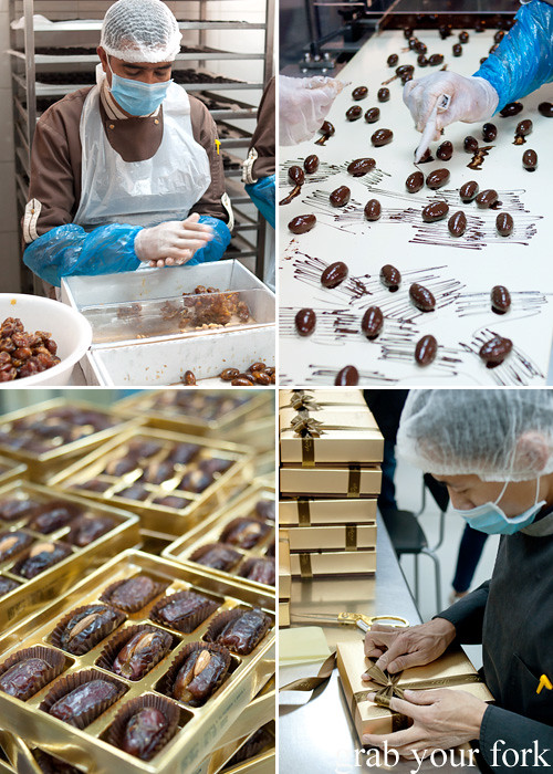 Deseeding dates, drizzling chocolate, tying ribbons and almond-stuffed dates at Bateel Date Factory, Dubai