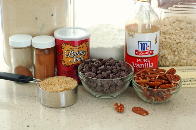Ingredients for oatmeal pecan chocolate chip cookies by Eve Fox, The Garden of Eating, copyright 2015