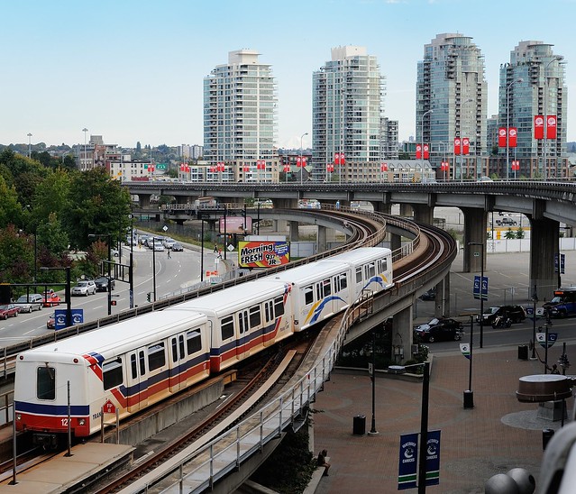 TransLink SkyTrain departs Stadium-Chinatown station in Vancouver, British Columbia, Canada