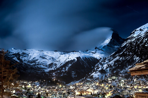 winter mountains night landscape switzerland town zermatt matterhorn
