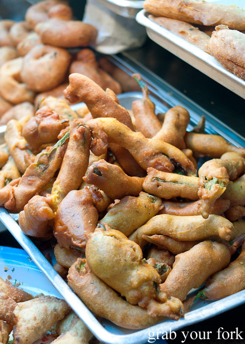 Mirch pakora fried green chillies, an Indian street food snack from Al Shaab Restaurant near the Textile Souk
