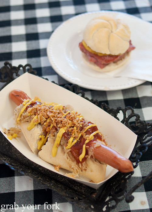 German hot dog with sauerkraut and mustard from Brot and Wurst, North Narrabeen