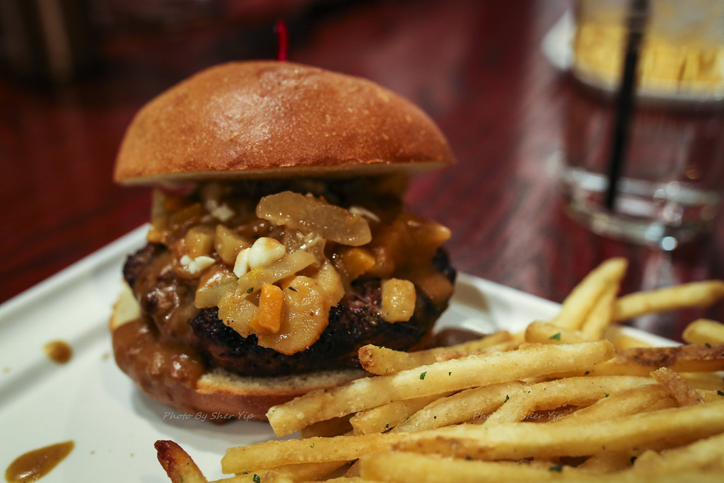 "Poutine" Burger - High Country Creamery Cheese Curd, Gravy, and Root Vegetables w/ Sage Fries on the side - Table 9
