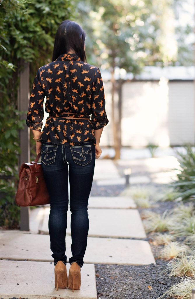cute & little blog | horse print shirt, silver suki skinny jeans, yellow suede pumps outfit #ootd