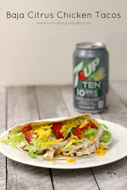 Baja Citrus Chicken tacos on a plate with a 7 up Ten lemon lime soda can in the back ground.