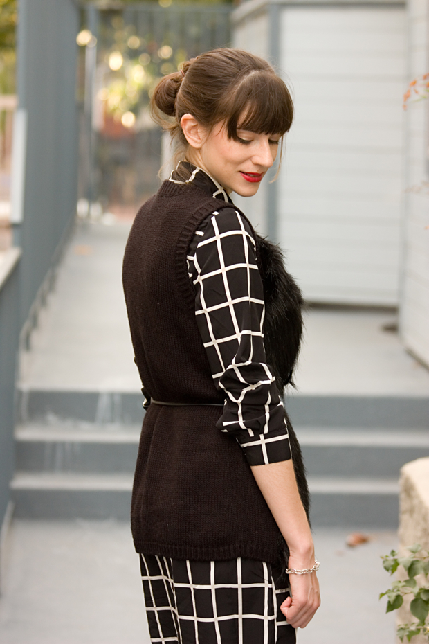 Windowpane Dress, fur vest, fashion blogger