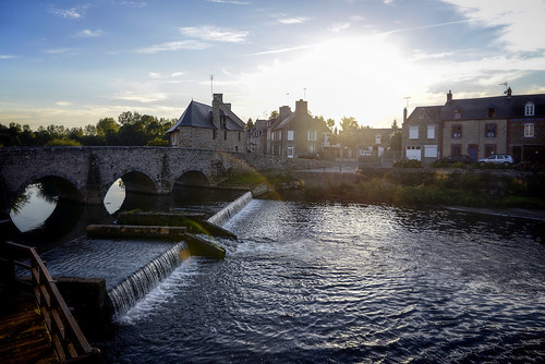 bridge houses sunset sky france water reflections river evening view dam ducey nikond600