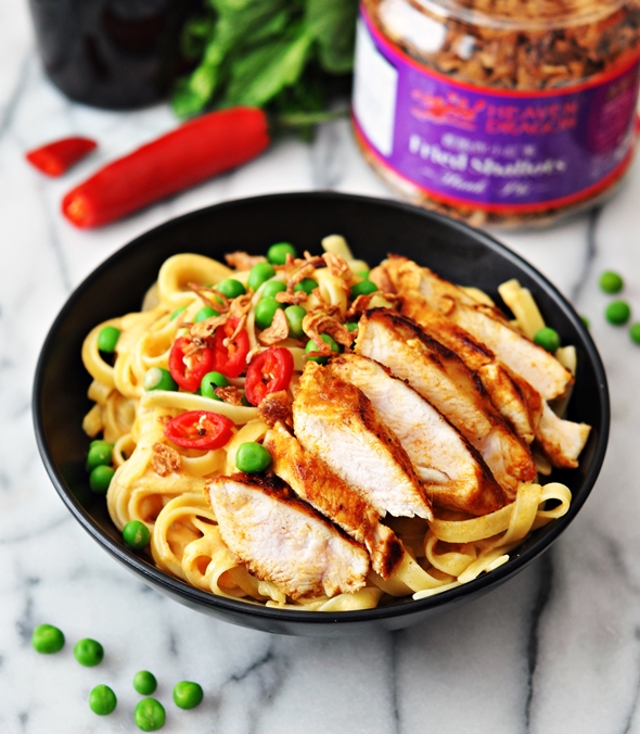 Thai style fettuccine “alfredo” with pan seared spiced chicken {dairy free recipe}