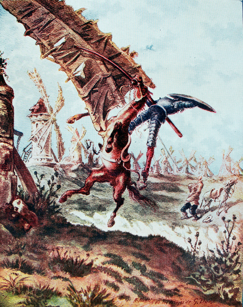 Don Quijote y los molinos de viento. Grabado de Gustave Doré, 1863