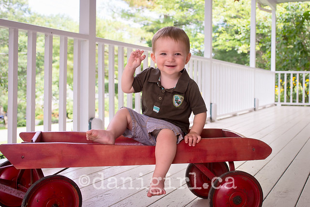 portrait of a little boy on a red wagon