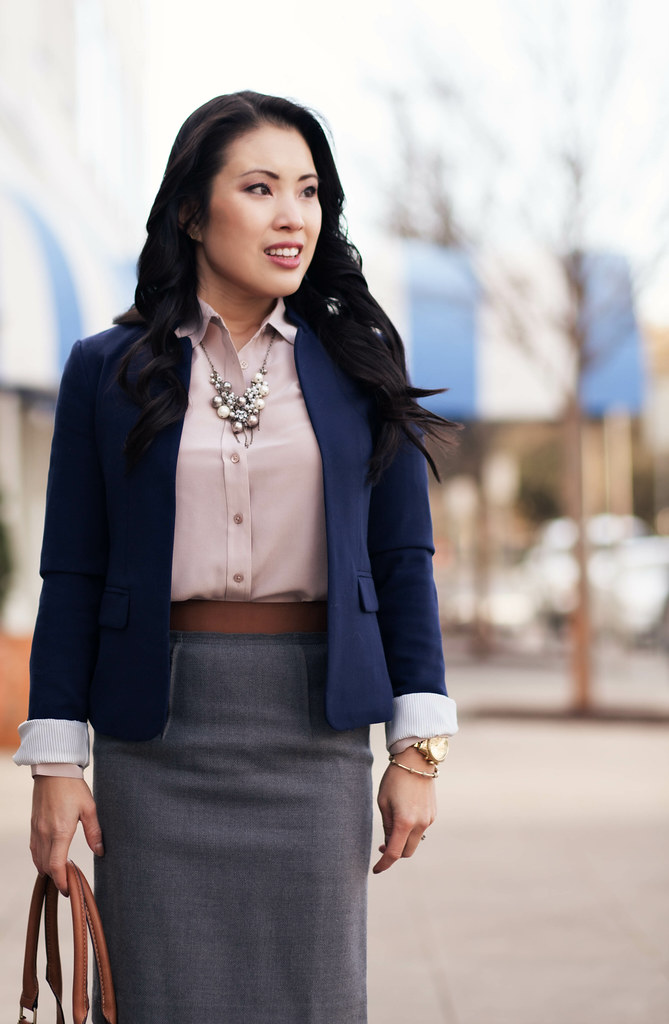 cute & little blog | navy blazer, everlane point collar silk blouse dusk, gray pencil skirt, navy suede pumps, pearl cluster statement necklace outfit
