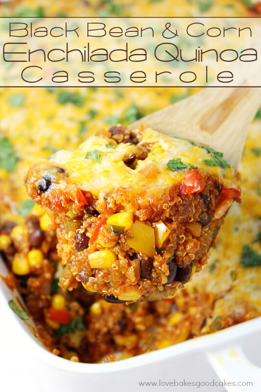 Black Bean & Corn Enchilada Quinoa Casserole in a casserole dish on a spoon.
