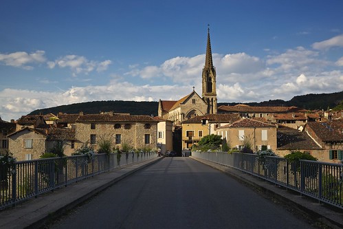 city summer sun france building church clouds landscape evening outdoor railing midipyrenees townroad
