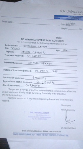 medical certificate by Dr, Nirmal Raut when Suhasini was detected cancer in 2013
