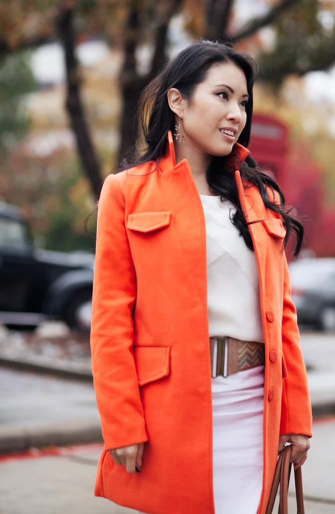 cute & little blog | sheinside orange coat, monochromatic winter white outfit, sole society elisa pumps, obocreations earrings