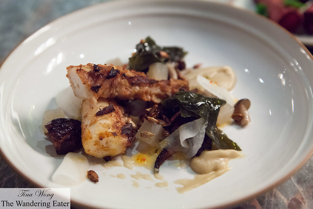 Grilled octopus with aubergine and mushrooms