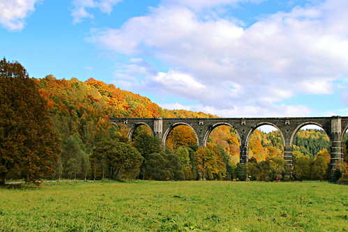 bridge autumn trees sky building fall nature colors leaves architecture clouds forest germany landscape day colours cloudy saxony meadow viaduct foliage hetzdorf photoshotbyfrank